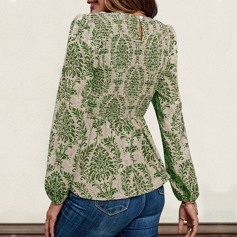 Long-Sleeve Damask Print Blouse with Smocked Peplum