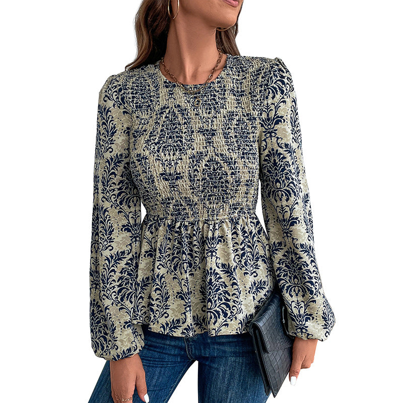 Long-Sleeve Damask Print Blouse with Smocked Peplum