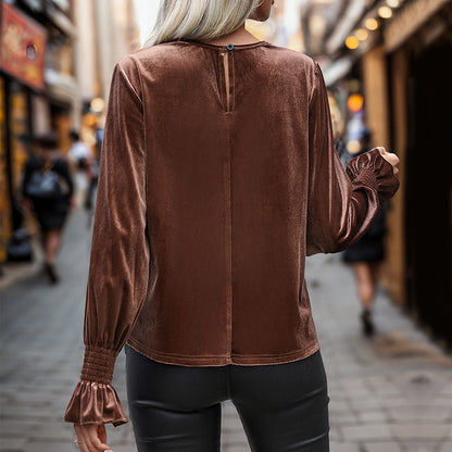 Velvet Blouse with Lace Patchwork and Bell Sleeves