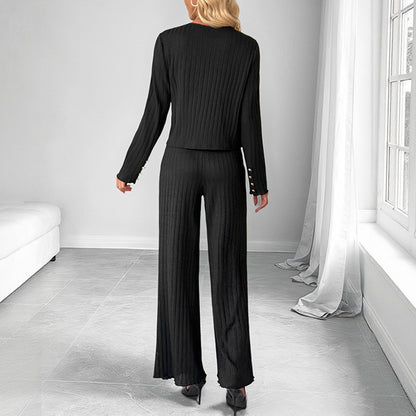 Ribbed Knit Wide-Leg Pants Suit with Gold Buttons