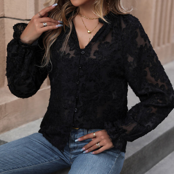 Floral Flocked Mesh Blouse with V-Neck and Long Sleeves