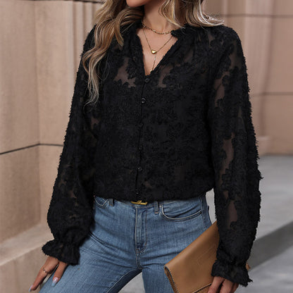 Floral Flocked Mesh Blouse with V-Neck and Long Sleeves