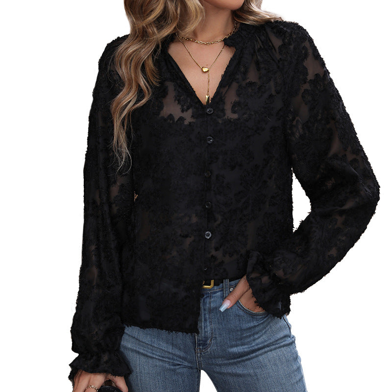 Floral Flocked Mesh Blouse with V-Neck and Long Sleeves