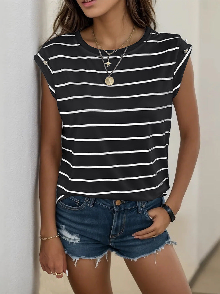 Striped Loose Fit Sleeveless T-Shirt with Button Detail
