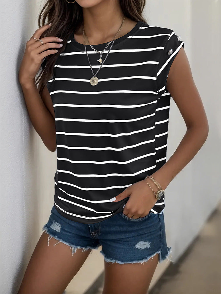 Striped Loose Fit Sleeveless T-Shirt with Button Detail