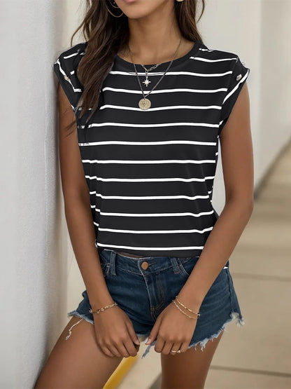 Striped Loose Fit Sleeveless T-Shirt with Button Detail