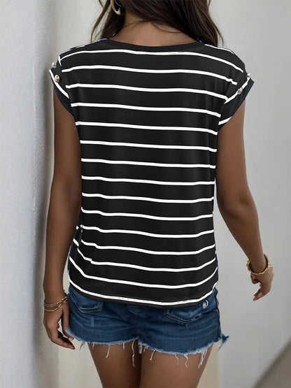 Striped Loose Fit Sleeveless T-Shirt with Button Detail