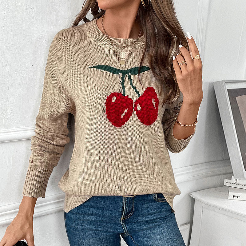 Cherry Jacquard Knitted Sweater with Round Neck and Loose Fit