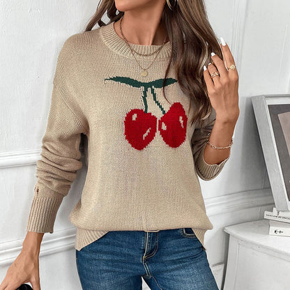 Cherry Jacquard Knitted Sweater with Round Neck and Loose Fit
