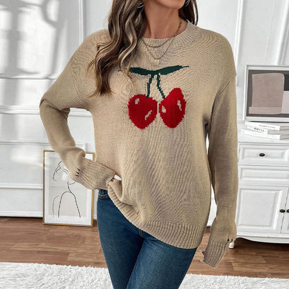 Cherry Jacquard Knitted Sweater with Round Neck and Loose Fit
