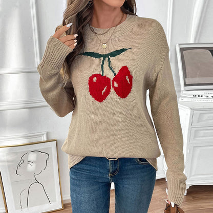 Cherry Jacquard Knitted Sweater with Round Neck and Loose Fit