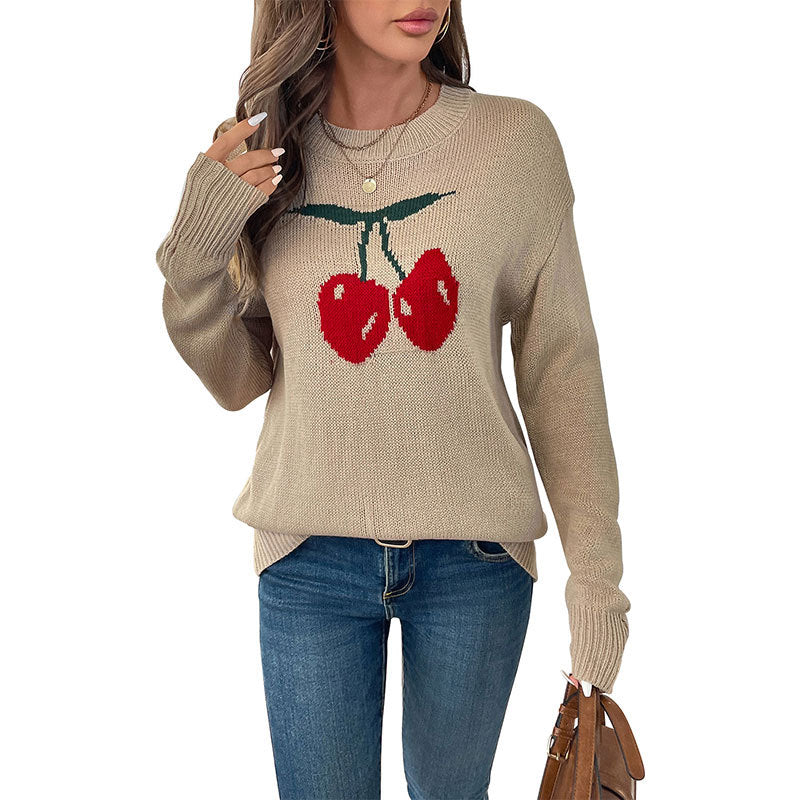 Cherry Jacquard Knitted Sweater with Round Neck and Loose Fit