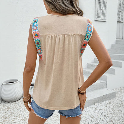 Loose Sleeveless Top with Ethnic Patchwork Shoulders