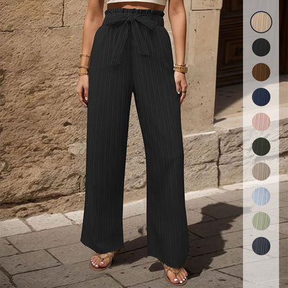 Ribbed Wide-Leg Pants with Paperbag Tie-Waist