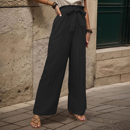 Ribbed Wide-Leg Pants with Paperbag Tie-Waist