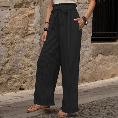 Ribbed Wide-Leg Pants with Paperbag Tie-Waist