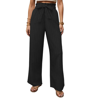 Ribbed Wide-Leg Pants with Paperbag Tie-Waist