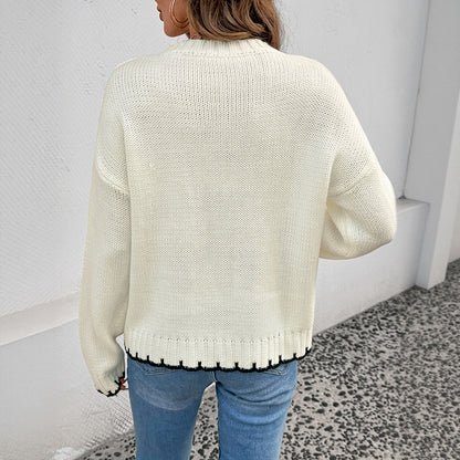 Striped Color-Block Knit Sweater with Round Neck and Distressed Trim