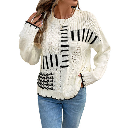 Striped Color-Block Knit Sweater with Round Neck and Distressed Trim