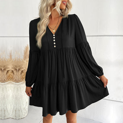 Loose Tiered Mini Dress with V-Neck and Button Front