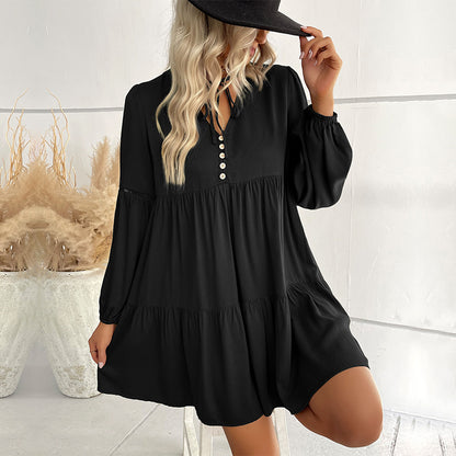 Loose Tiered Mini Dress with V-Neck and Button Front