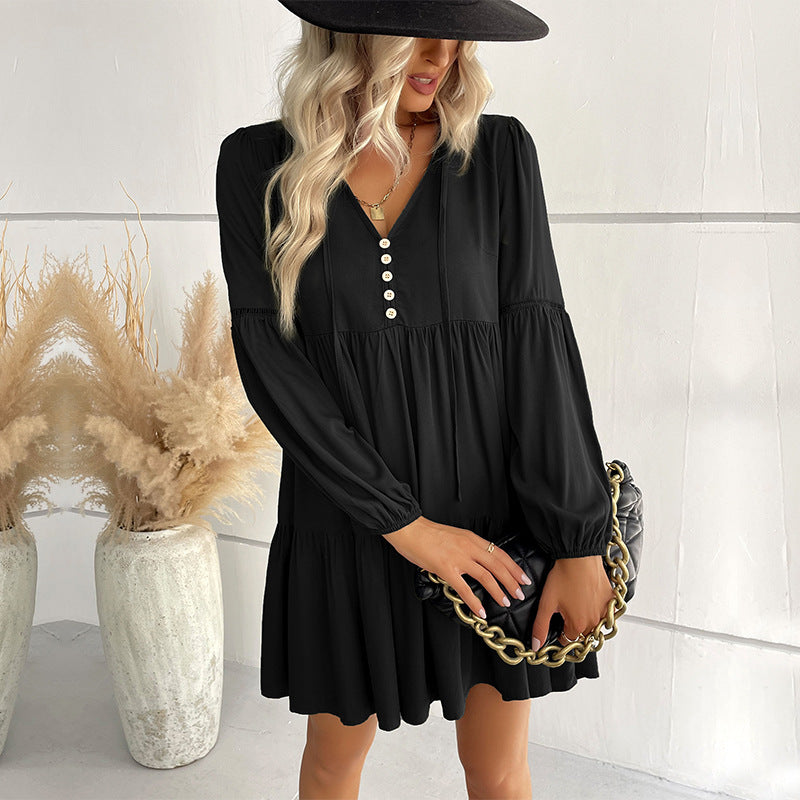 Loose Tiered Mini Dress with V-Neck and Button Front