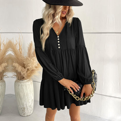 Loose Tiered Mini Dress with V-Neck and Button Front