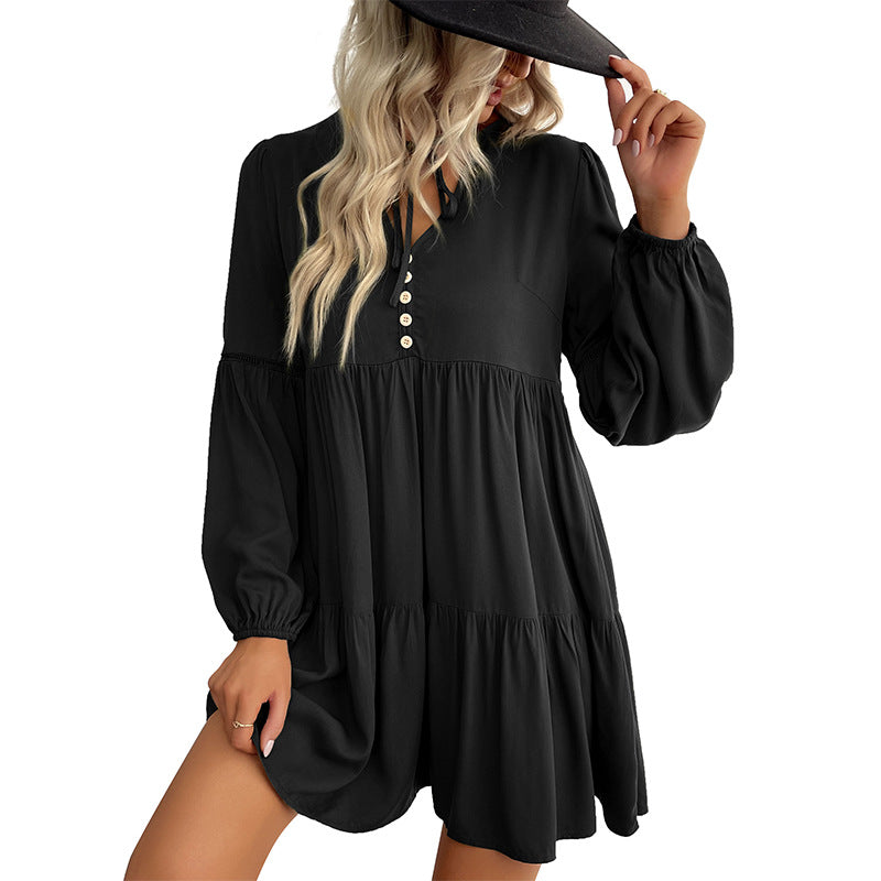 Loose Tiered Mini Dress with V-Neck and Button Front