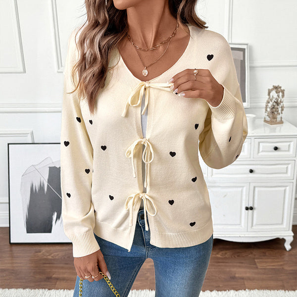 Heart Pattern Cardigan with Tie-Front and V-Neck