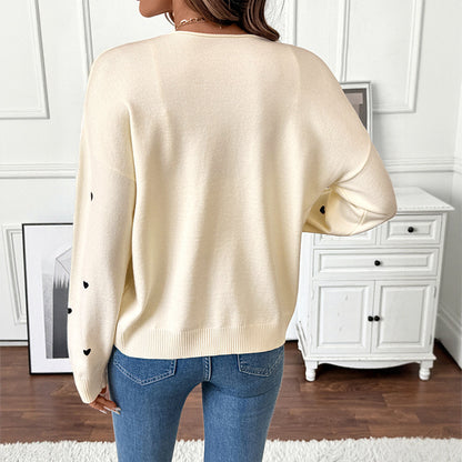 Heart Pattern Cardigan with Tie-Front and V-Neck