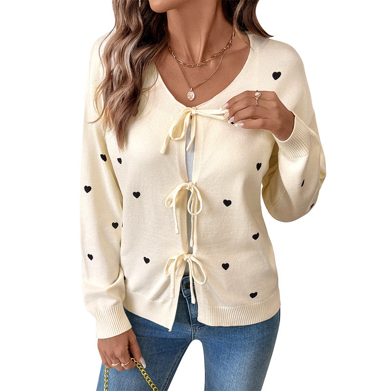 Heart Pattern Cardigan with Tie-Front and V-Neck