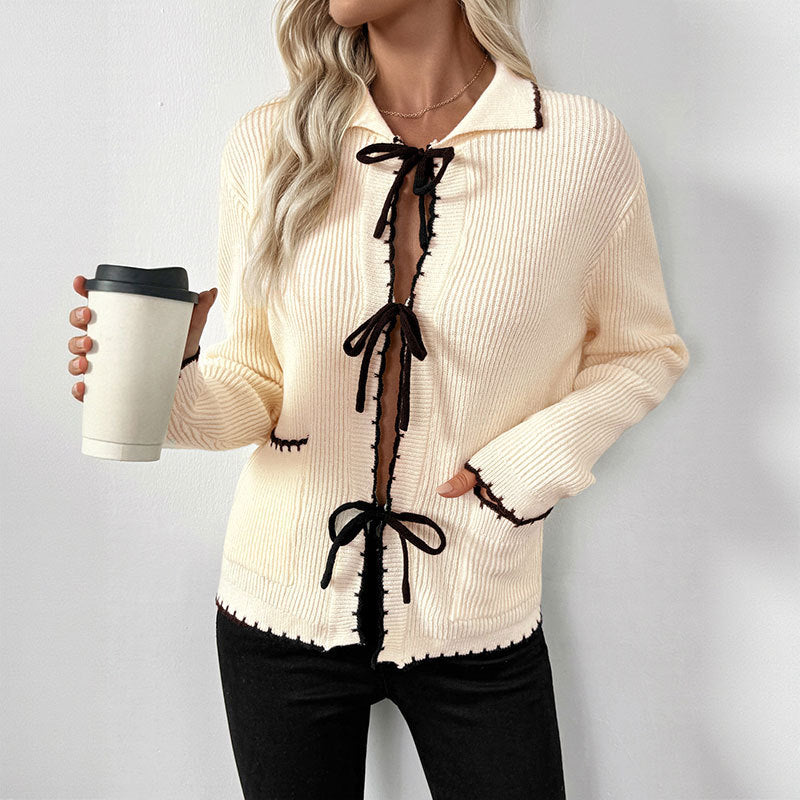 Ribbed Knit Cardigan with Bow Tie Front and Contrast Trim