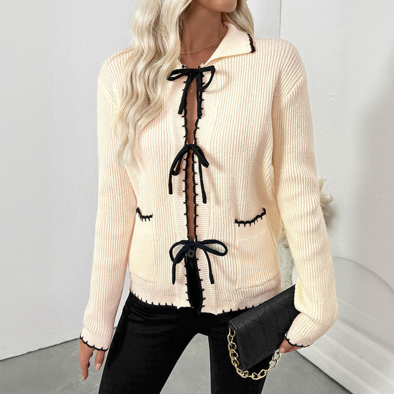 Ribbed Knit Cardigan with Bow Tie Front and Contrast Trim