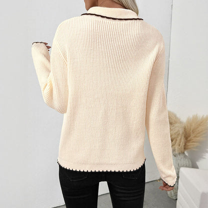 Ribbed Knit Cardigan with Bow Tie Front and Contrast Trim