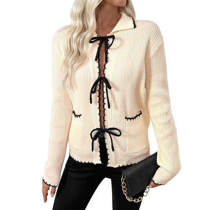 Ribbed Knit Cardigan with Bow Tie Front and Contrast Trim