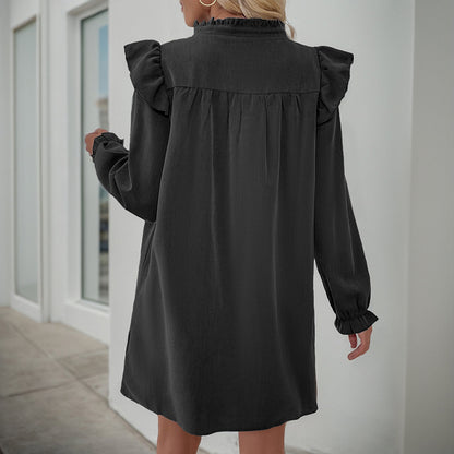 Solid A-Line Dress with Ruffled Stand Collar and Long Sleeves