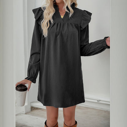 Solid A-Line Dress with Ruffled Stand Collar and Long Sleeves