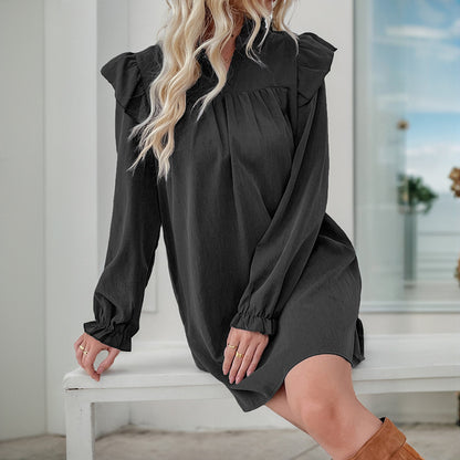 Solid A-Line Dress with Ruffled Stand Collar and Long Sleeves