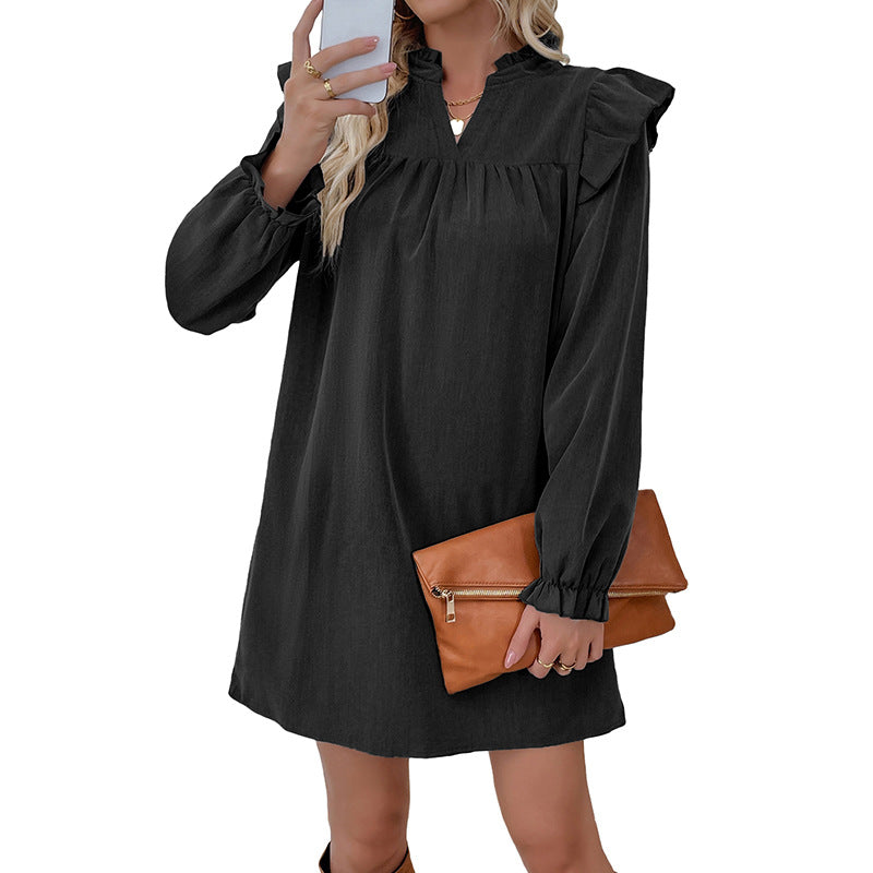 Solid A-Line Dress with Ruffled Stand Collar and Long Sleeves