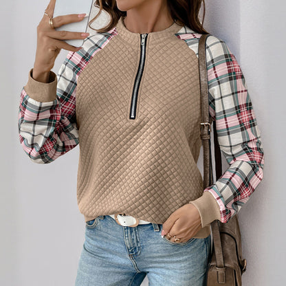 Quilted Diamond Sweatshirt with Plaid Sleeves and Quarter-Zip