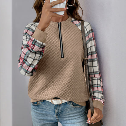 Quilted Diamond Sweatshirt with Plaid Sleeves and Quarter-Zip