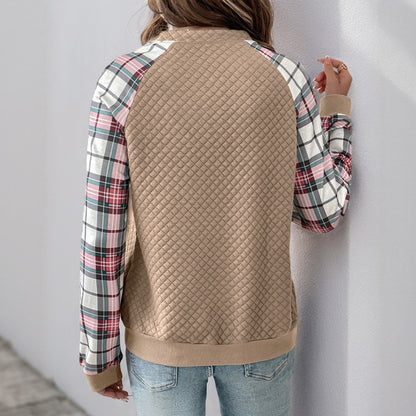 Quilted Diamond Sweatshirt with Plaid Sleeves and Quarter-Zip