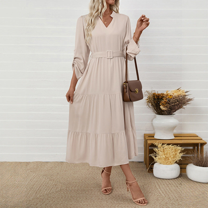 A-Line Tiered Midi Dress with V-Neck and Belted Waist