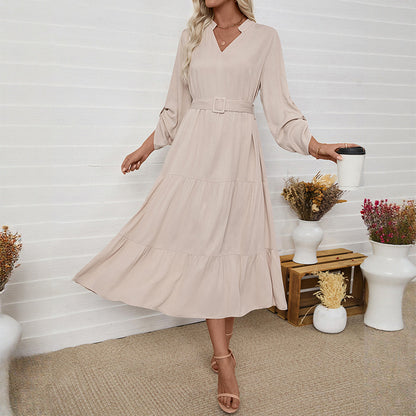 A-Line Tiered Midi Dress with V-Neck and Belted Waist