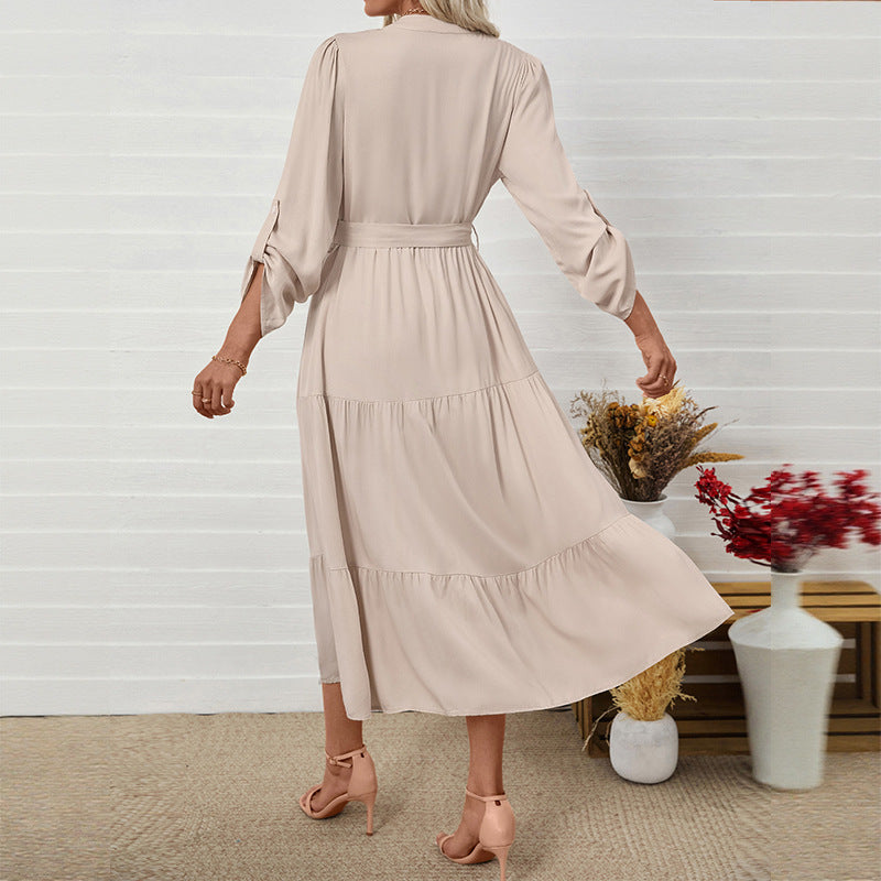 A-Line Tiered Midi Dress with V-Neck and Belted Waist