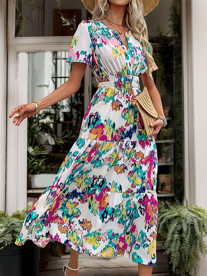 Colorful Abstract Print Midi Dress with V-Neck and Shirred Waist