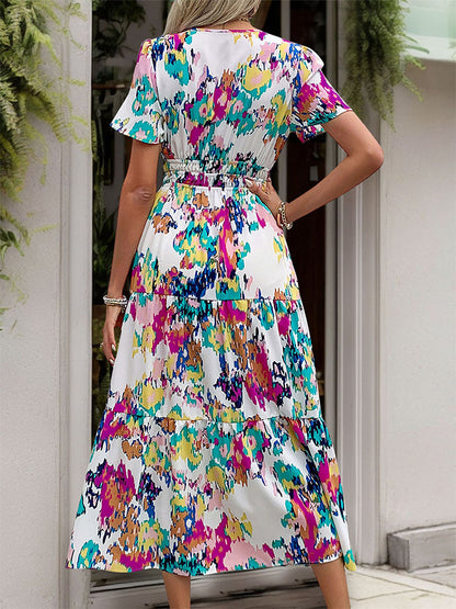 Colorful Abstract Print Midi Dress with V-Neck and Shirred Waist