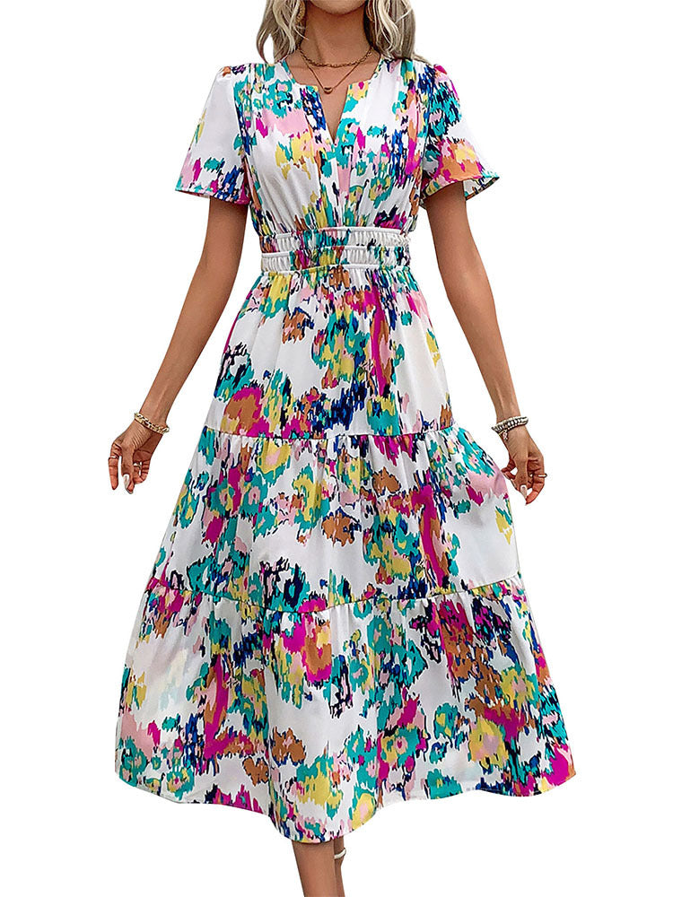 Colorful Abstract Print Midi Dress with V-Neck and Shirred Waist