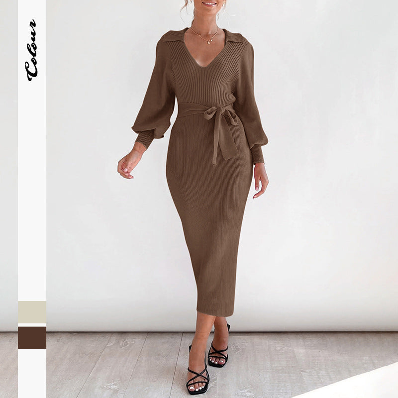Ribbed Sweater Dress with Lantern Sleeves and Tie-Waist