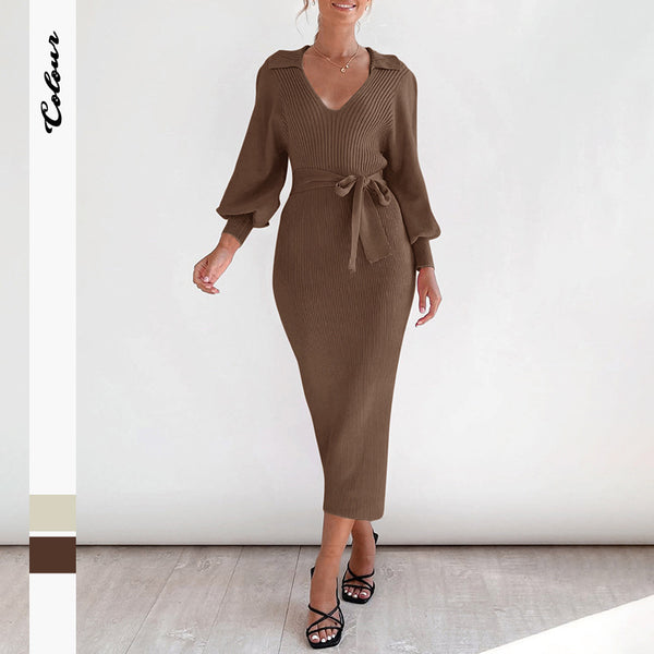 Ribbed Sweater Dress with Lantern Sleeves and Tie-Waist